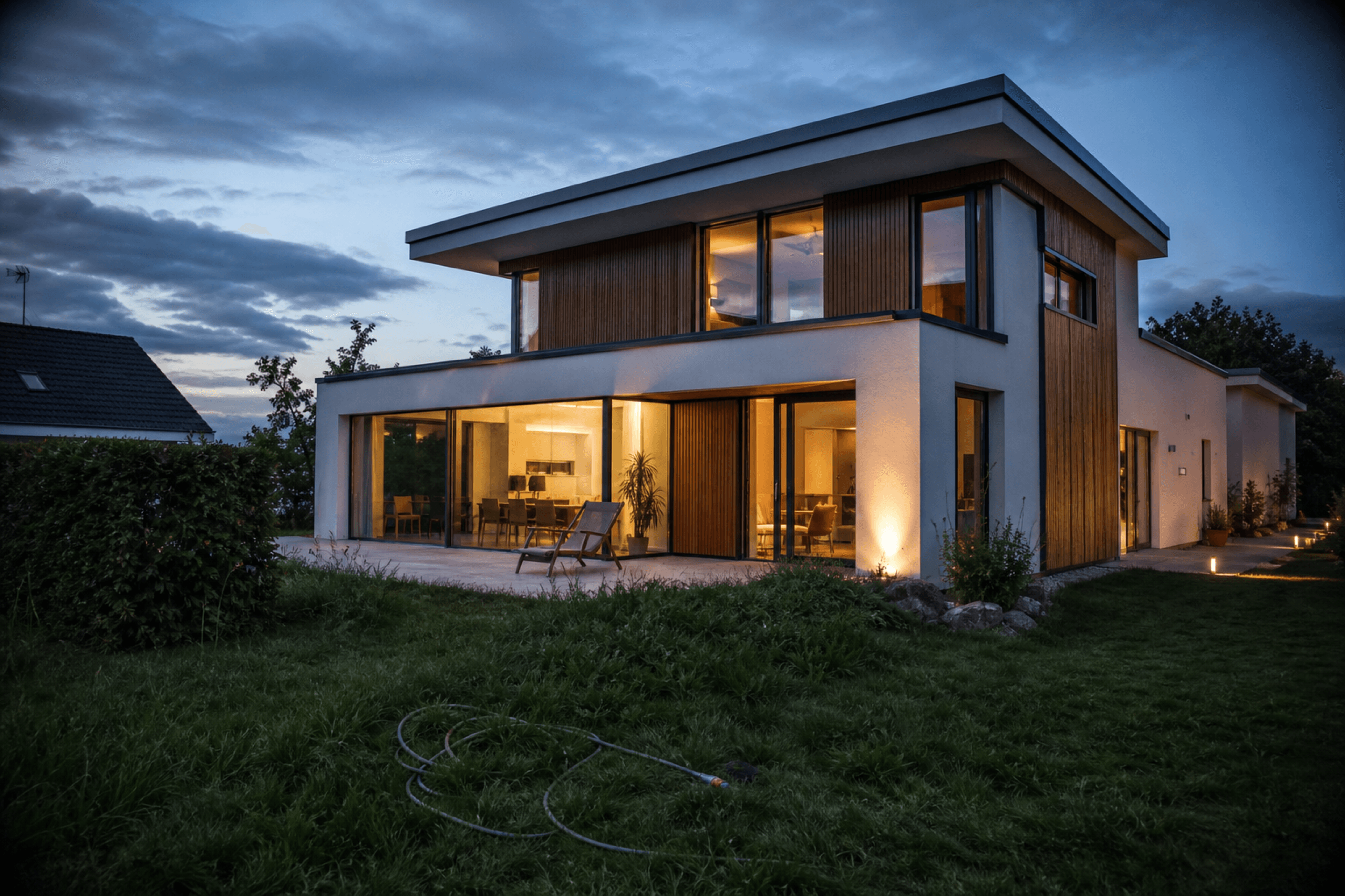 Contemporary detached house in southern Germany at blue hour