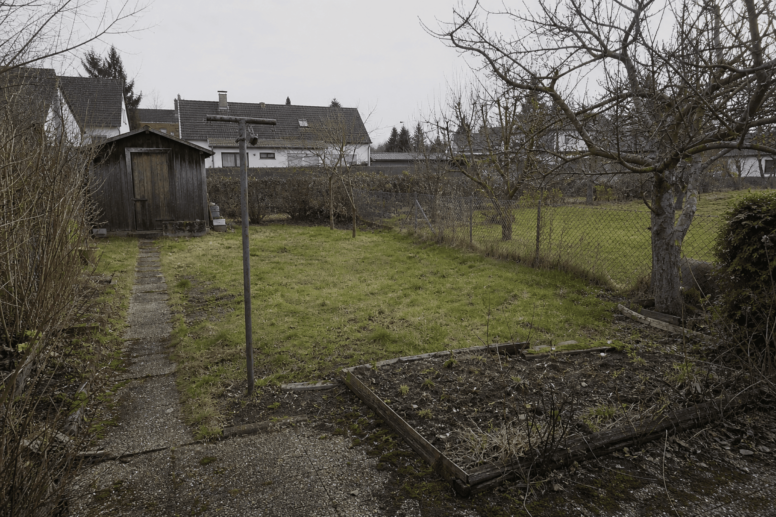 Garten mit Schuppen und Beeten