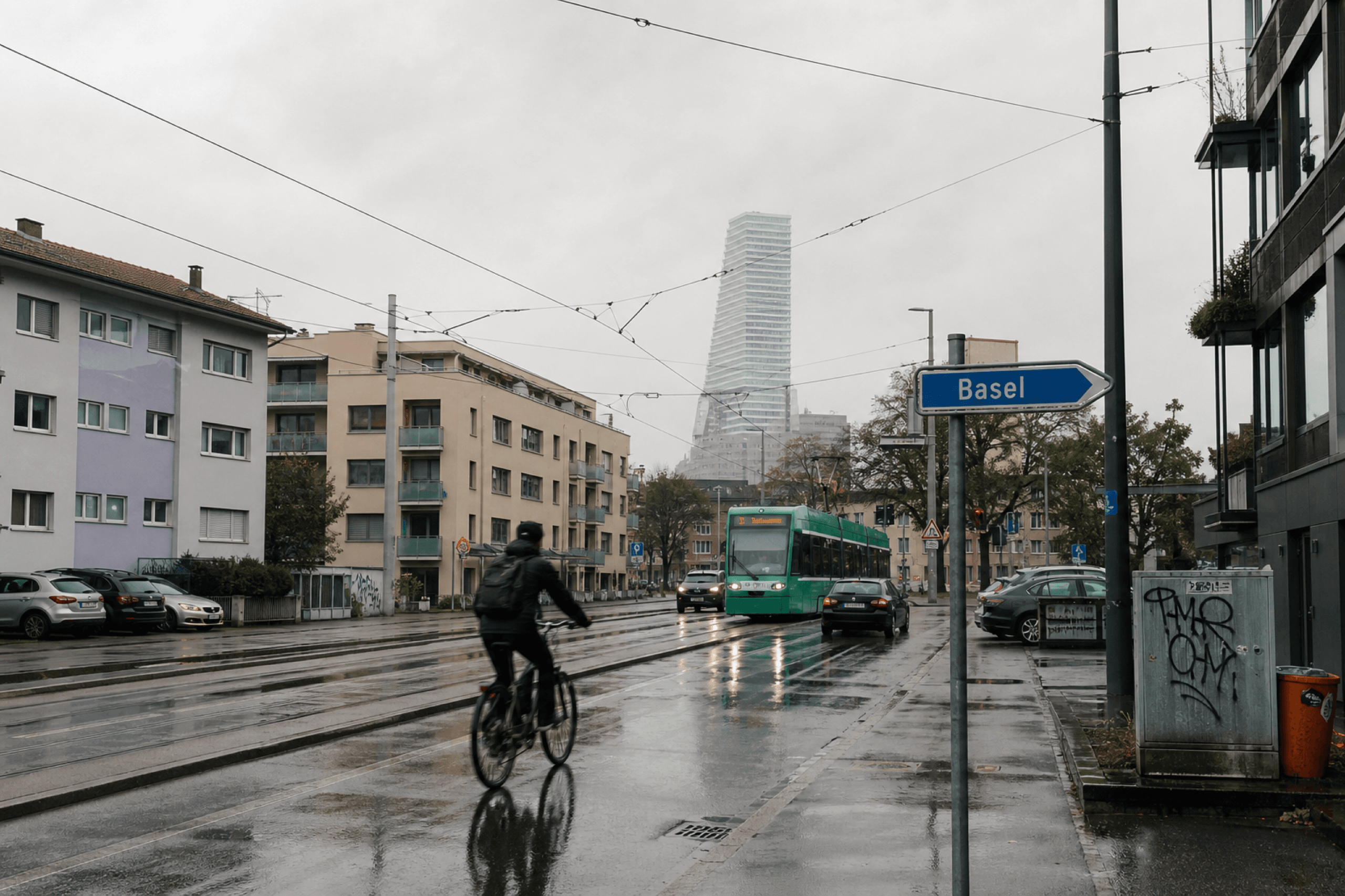 Straße und Stadtpanorama im Dreiländereck Deutschland Schweiz